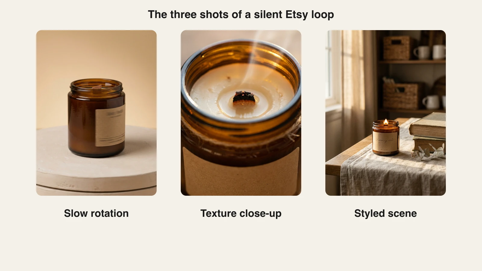 Three candle shots for an Etsy listing video loop: slow rotation, wax texture close-up, and styled scene