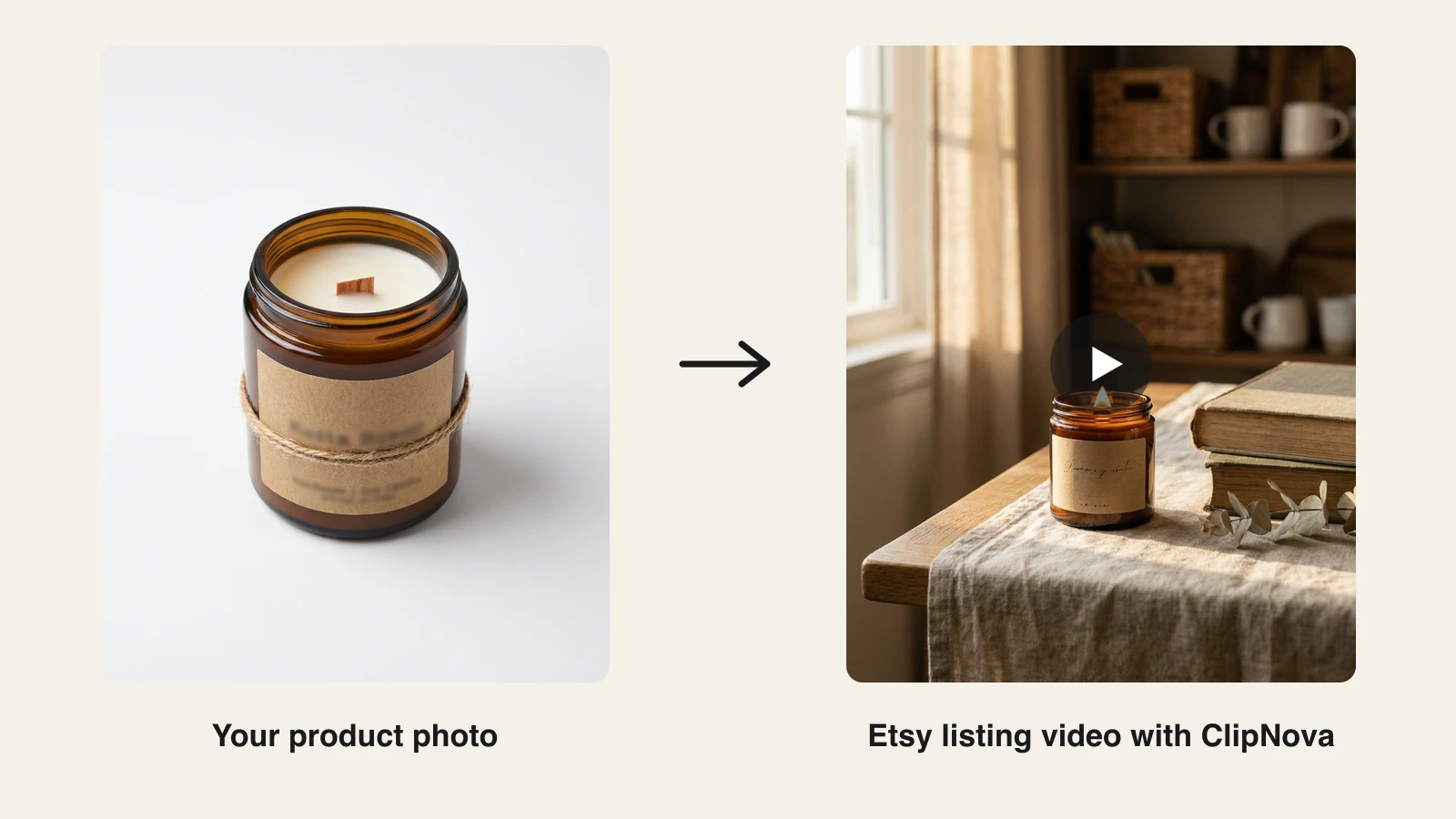 How to make Etsy product videos with AI: a flat amber-jar candle photo turned into a styled listing video