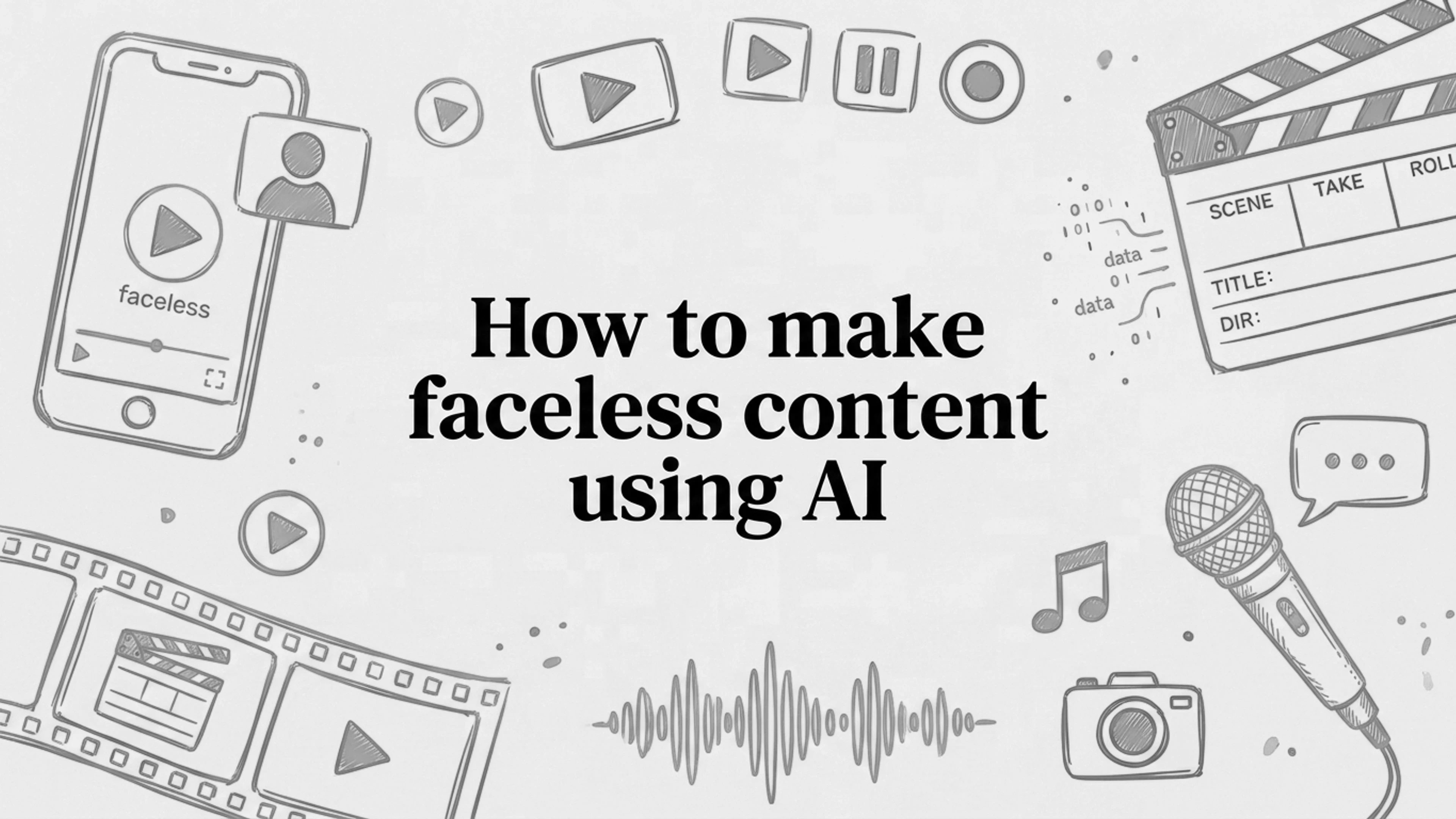 How to make faceless content using AI: a black and white sketch of a faceless phone video, a film strip, a mic, and a camera