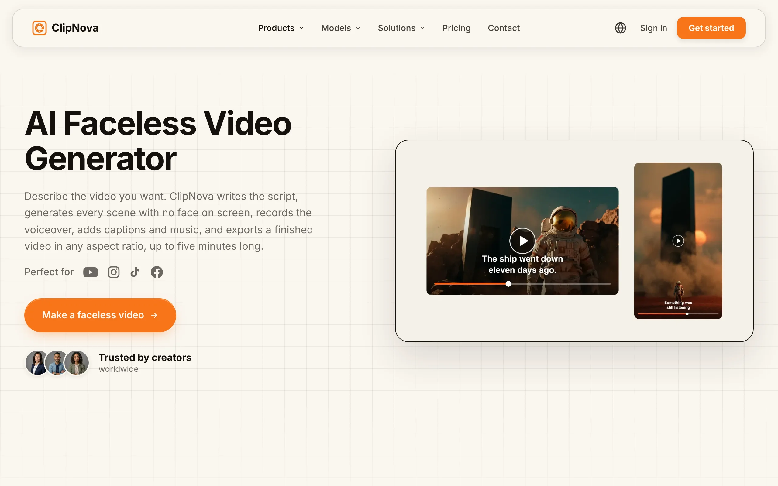 ClipNova AI faceless video generator page that writes, voices and captions videos with no one on camera