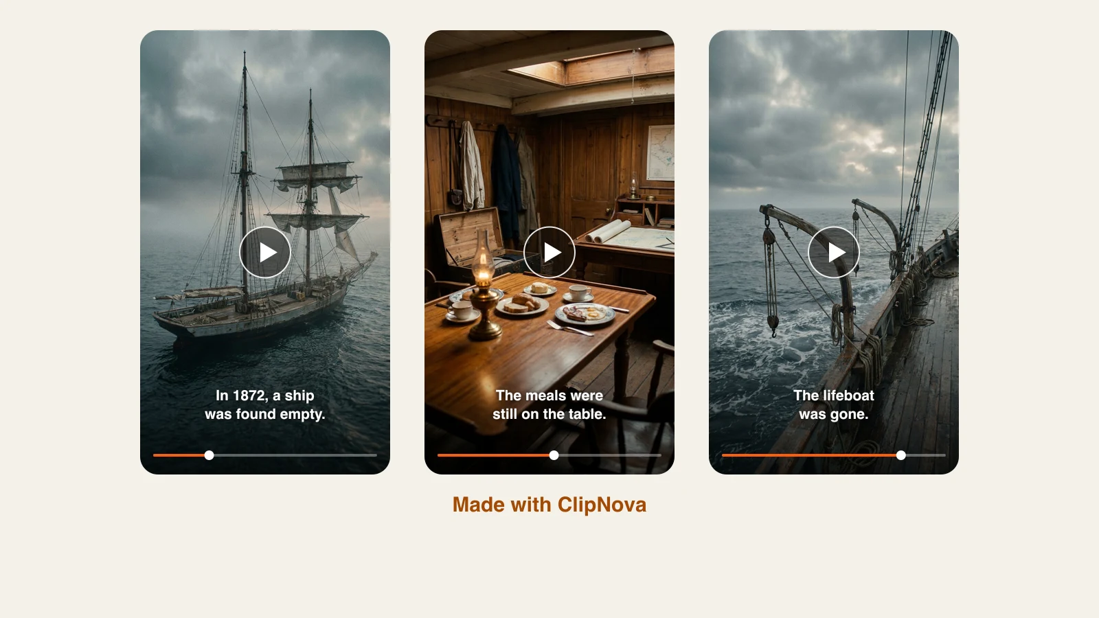 How to make faceless history videos with AI: The Mary Celeste in 1872: drifting in fog, the set table in the cabin and the missing lifeboat, three scenes made with ClipNova