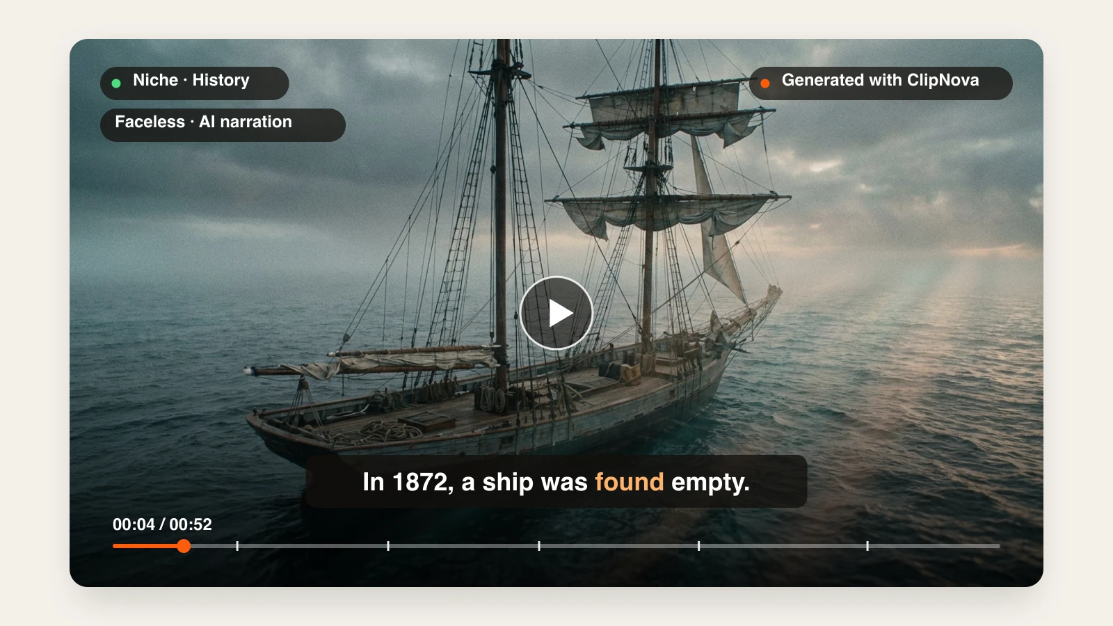 How to make faceless history videos with AI: a ClipNova Short of an empty sailing ship drifting at sea in 1872