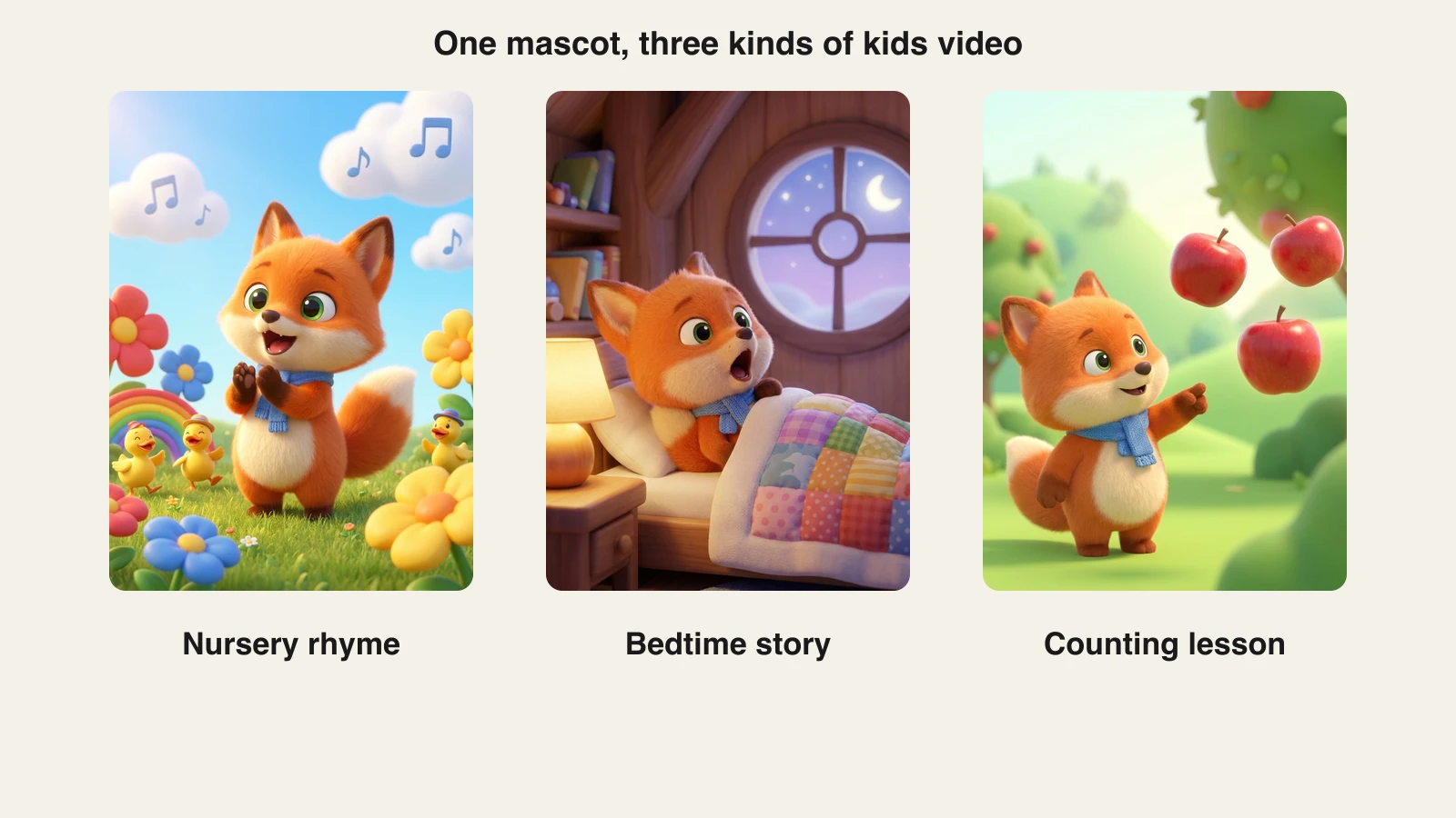 AI cartoon for kids from ClipNova: one fox cub mascot in a nursery rhyme, a bedtime story, and a counting lesson
