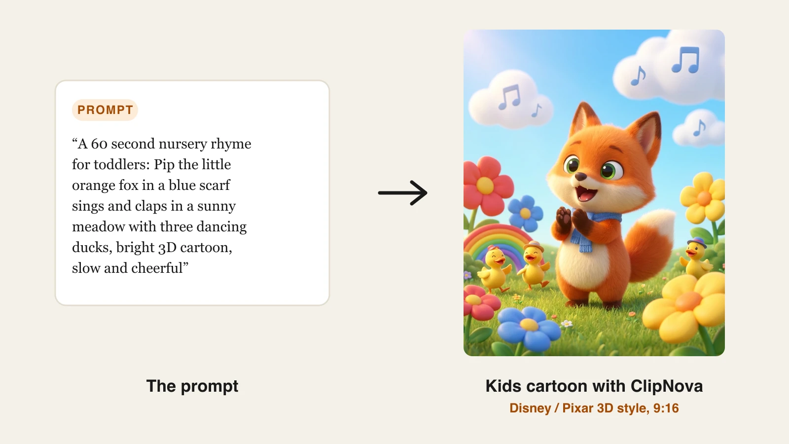 How to make kids cartoon videos with AI: a nursery rhyme prompt turned into a 3D fox cub singing in a meadow