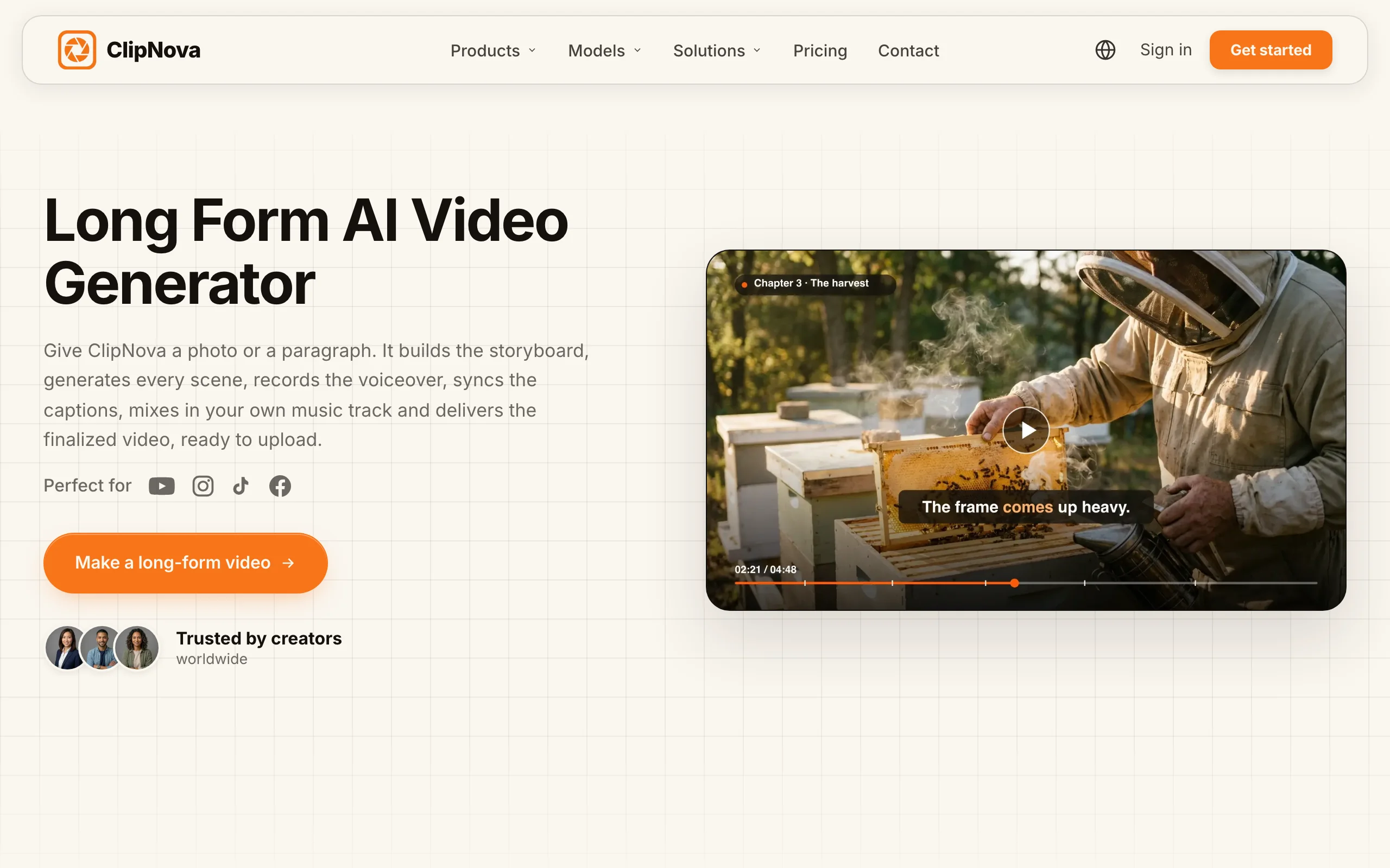 ClipNova Long Form AI Video Generator page with a narrated beekeeping video in a player