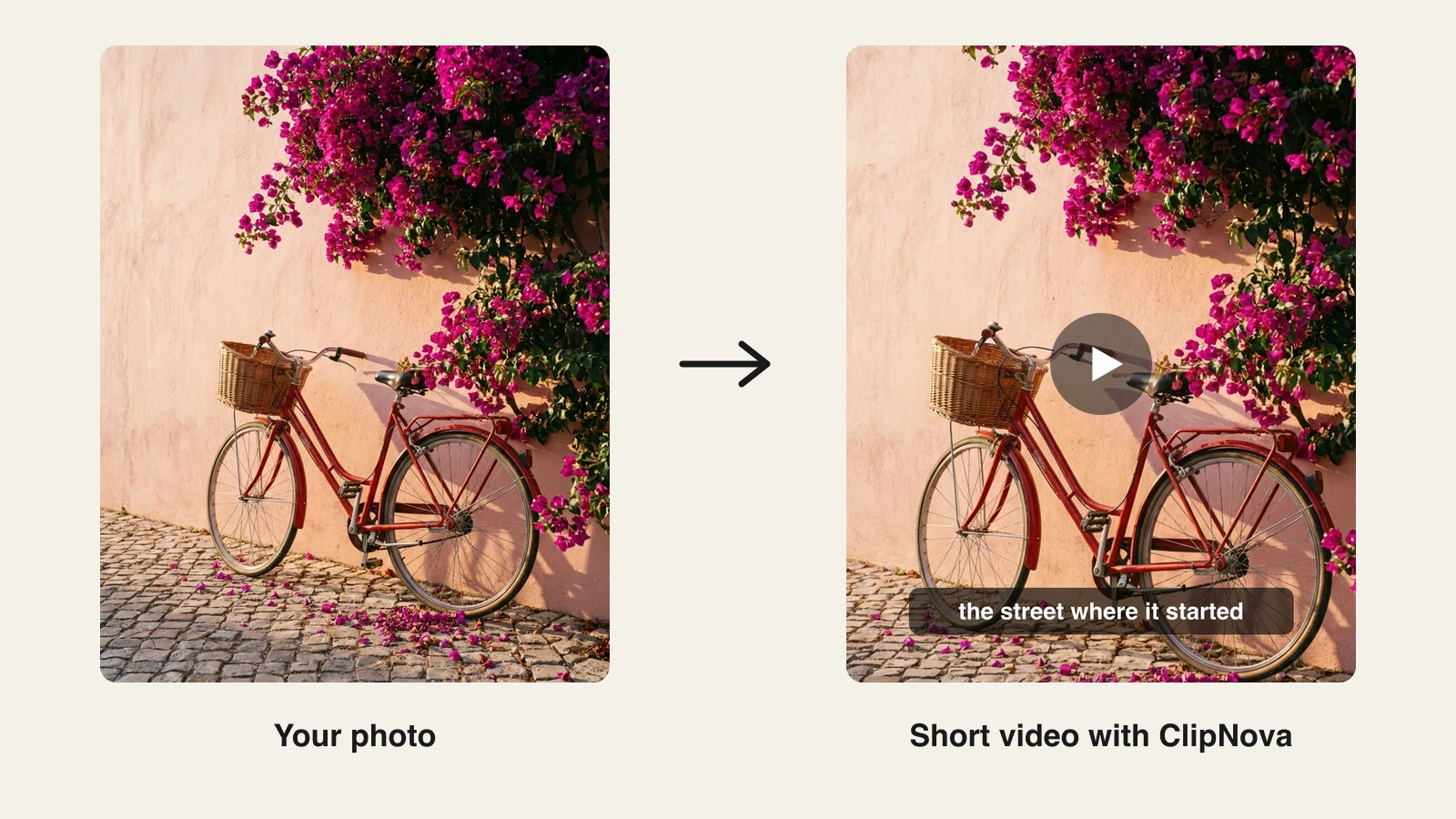 How to turn a photo into a video with AI: a red bicycle by a bougainvillea wall turned into a captioned short