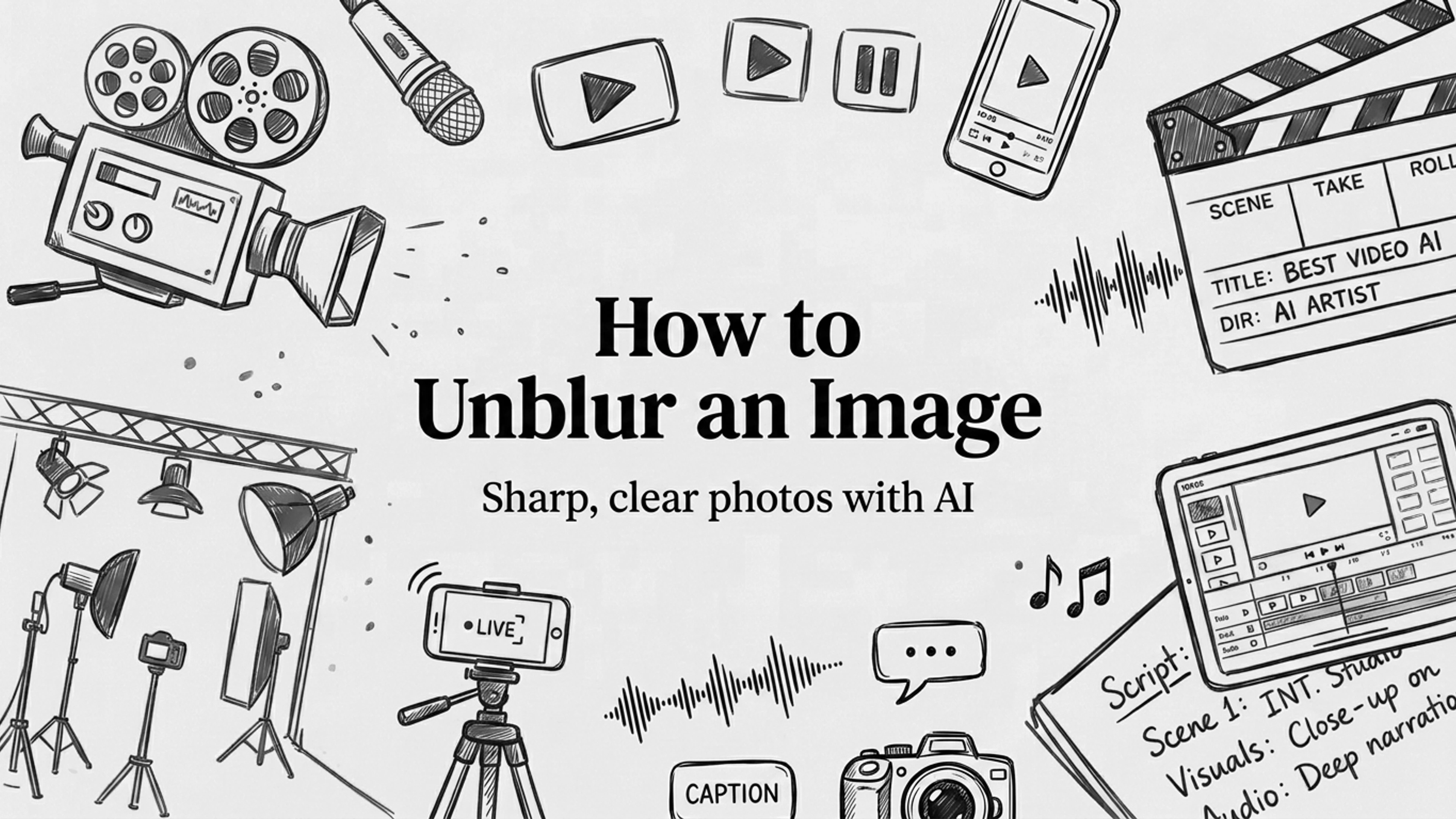 Unblur an image: a black and white sketch of a camera, a projector and studio lights around the title How to Unblur an Image