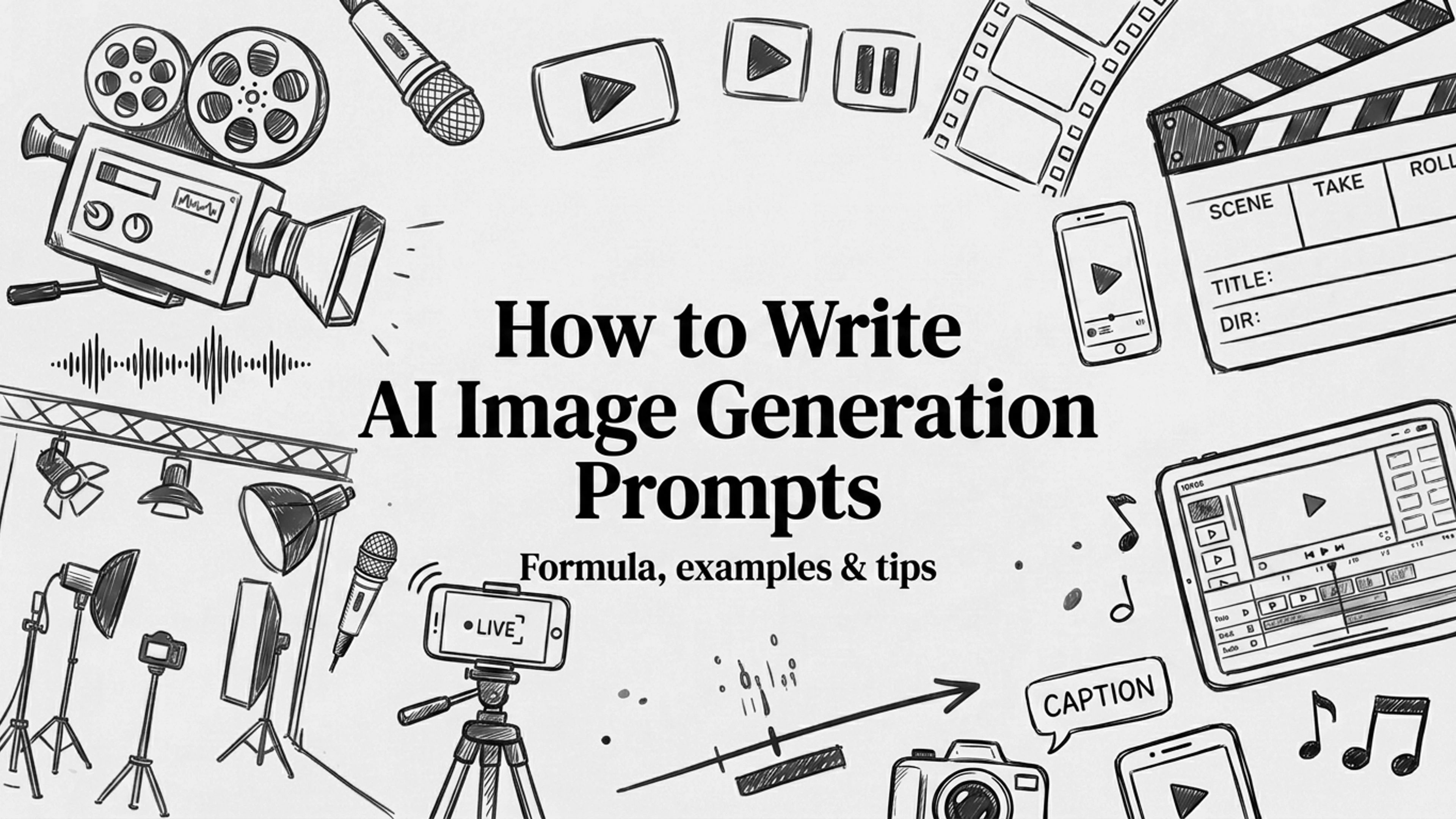 AI image generation prompts: a black and white sketch of a camera, film reel, and studio gear around the guide title