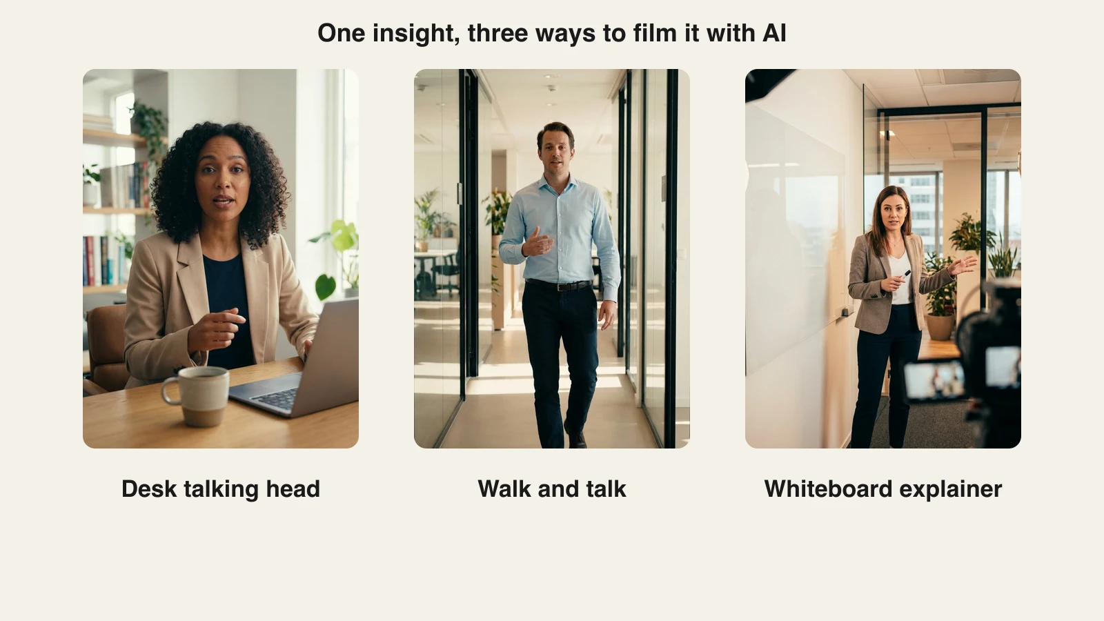 One LinkedIn insight filmed three ways with AI: a desk talking head, an office walk and talk, and a whiteboard explainer
