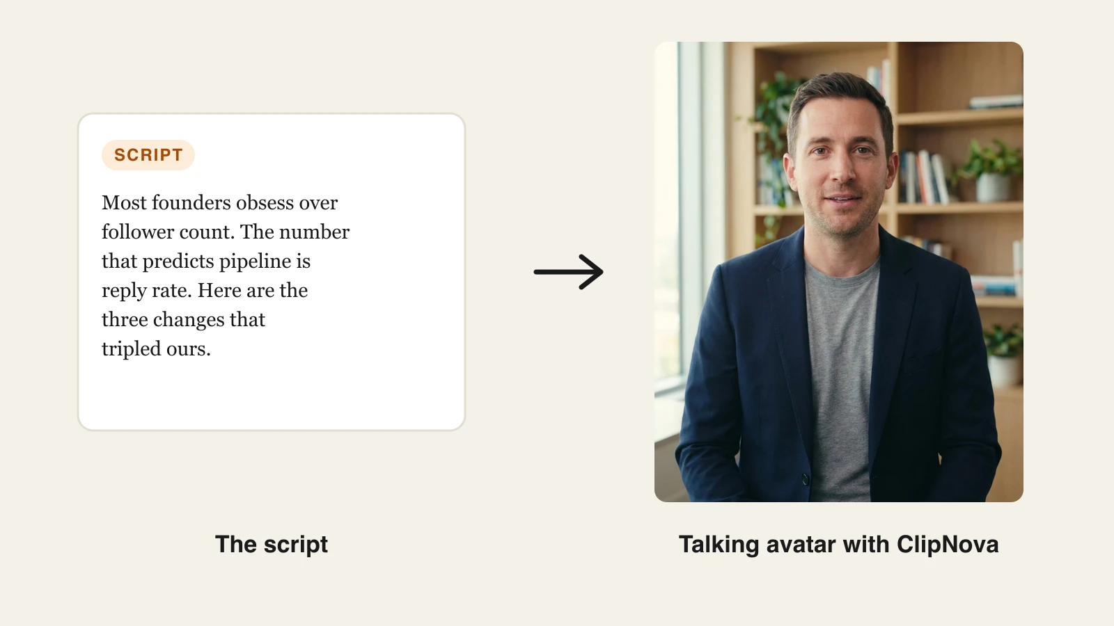 AI LinkedIn video generator example: a founder thought leadership script and the talking avatar video it produced