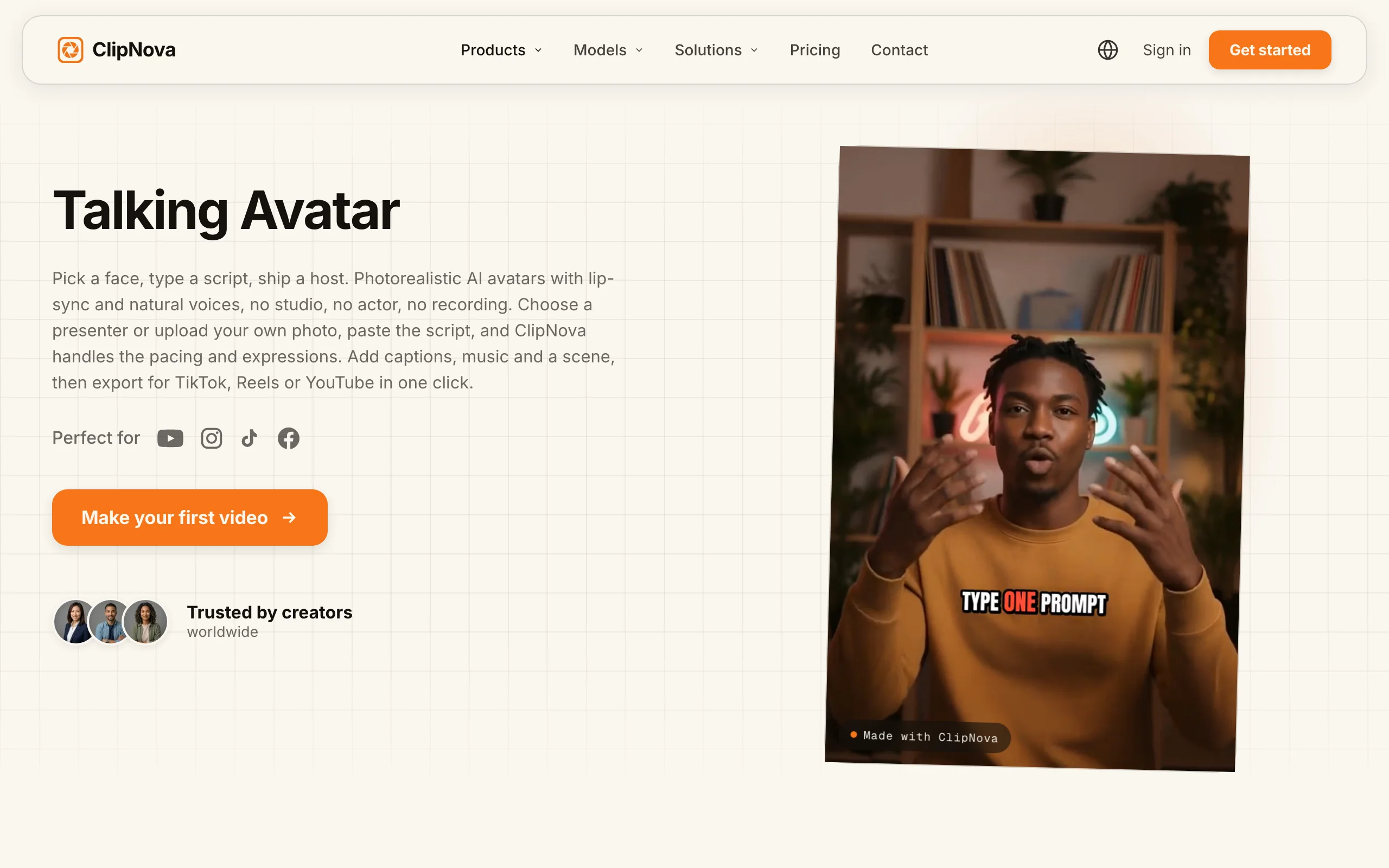 LinkedIn video AI tool ClipNova, its Talking Avatar page for lip-synced presenter videos