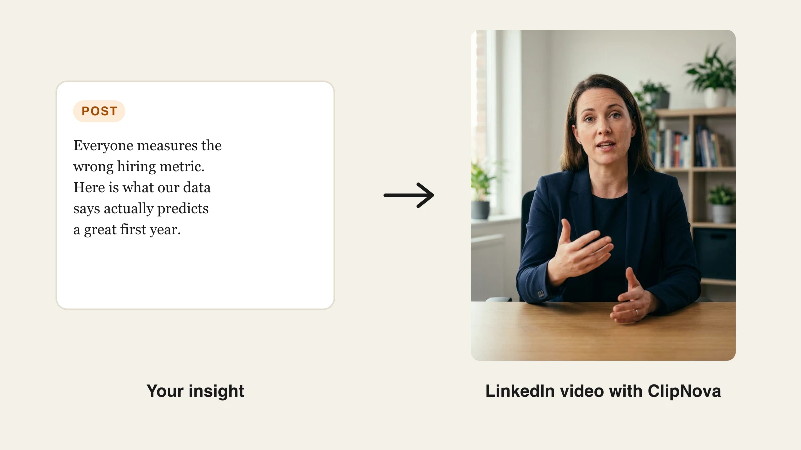 LinkedIn video AI: a written hiring insight turned into a professional talking head video with ClipNova