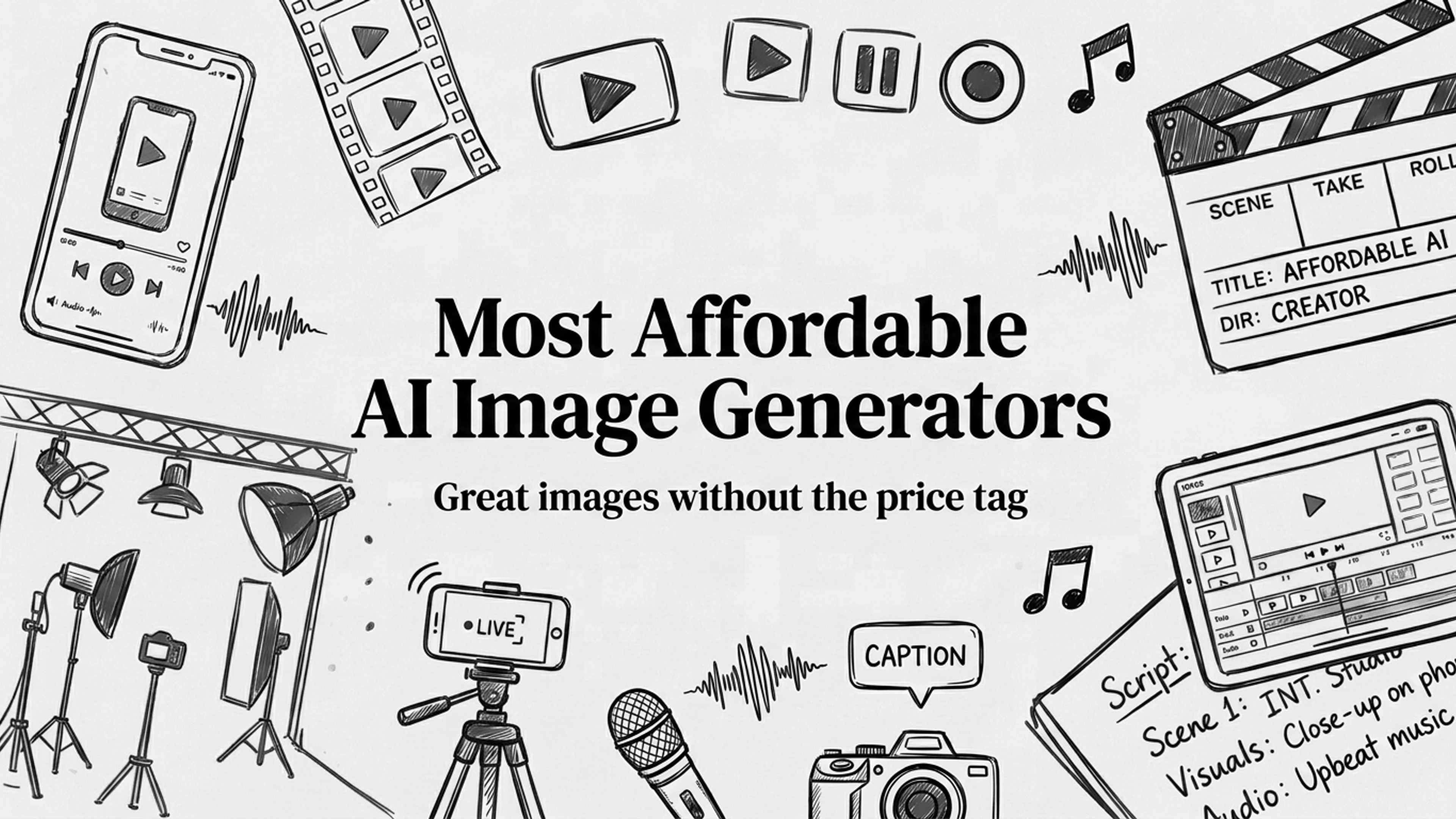 Most affordable AI image generator guide: a black and white sketch of a camera, phone, clapperboard and studio lights