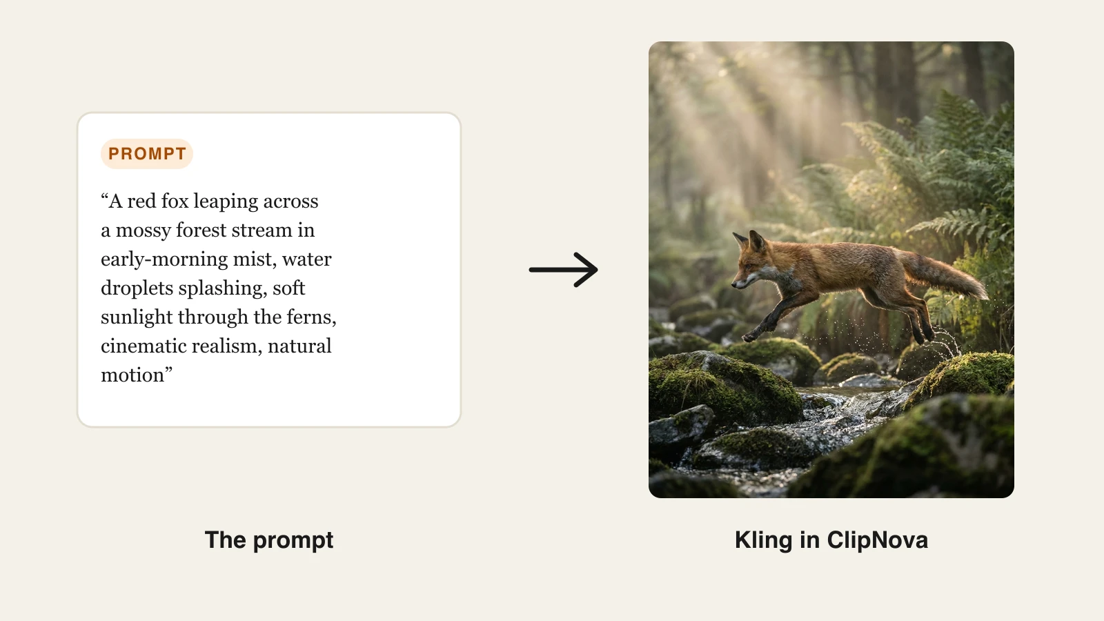Kling AI review example: a red fox forest stream prompt and the photoreal frame Kling generated in ClipNova