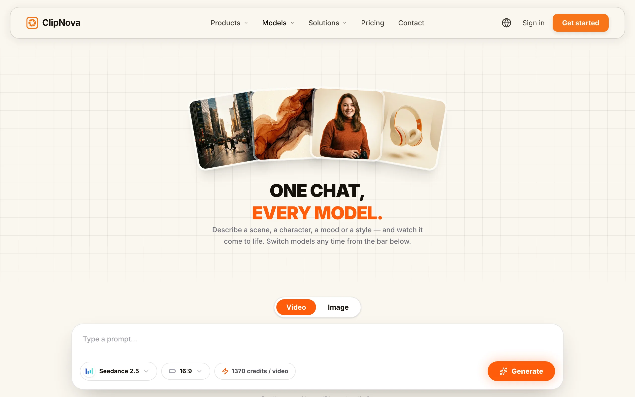 ClipNova models hub with One chat, every model and a prompt bar for Kling and Seedance video