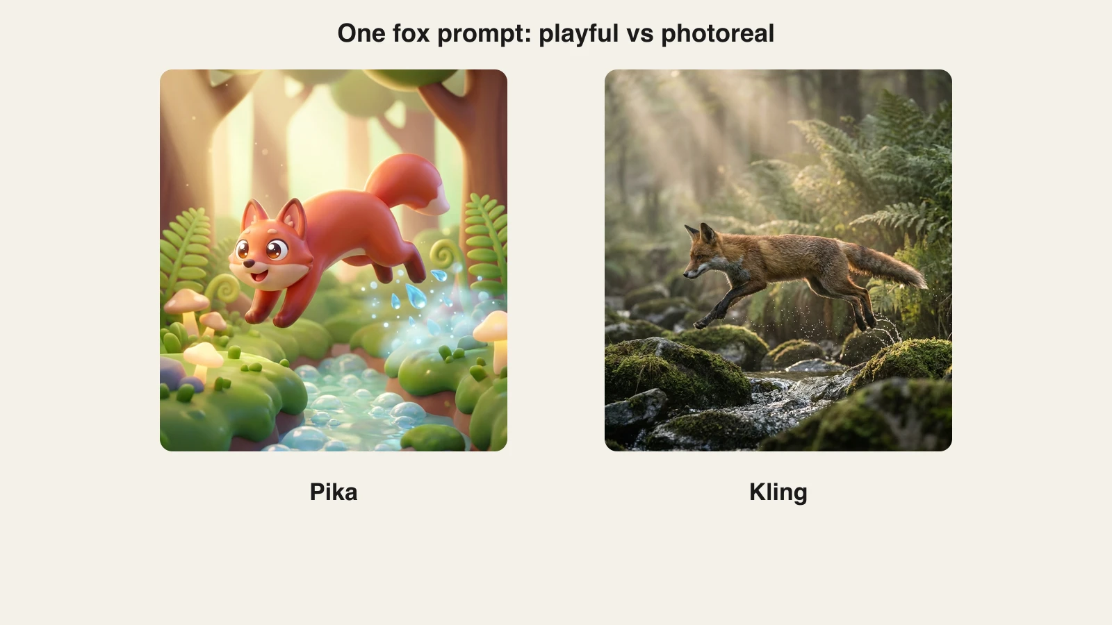 Pika vs Kling side by side: a red fox leaping a forest stream in Pika's cartoon style and Kling's photoreal style