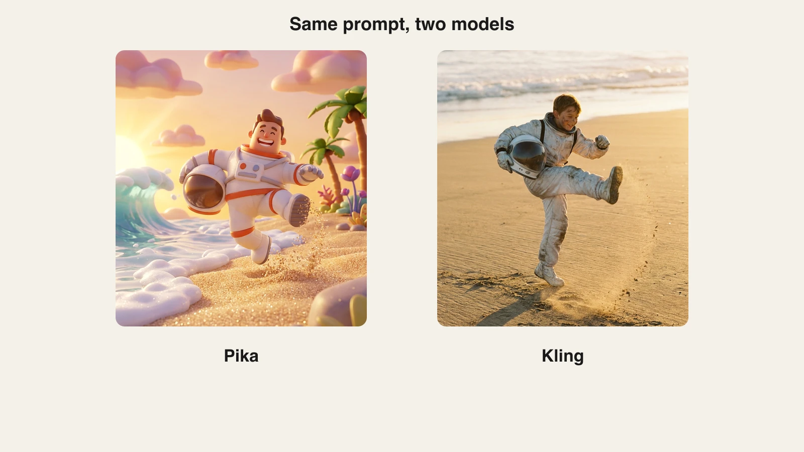 Pika vs Kling: one astronaut-on-a-beach prompt as a playful cartoon in Pika and a photoreal clip in Kling