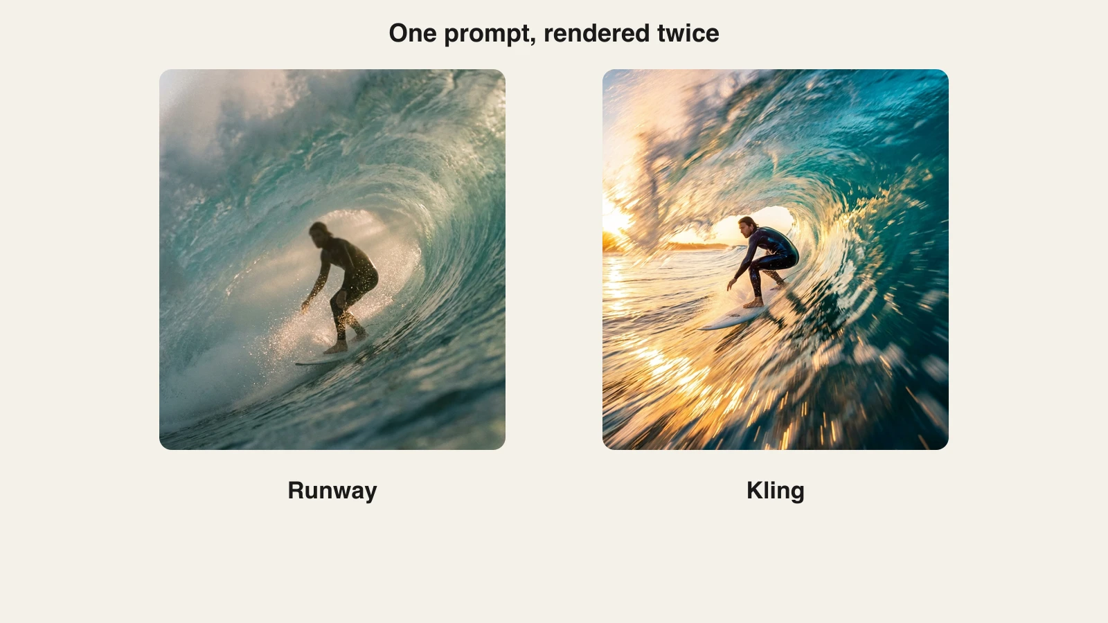 Runway vs Kling with the same surfer prompt: a controlled filmic Runway frame next to a dynamic Kling frame