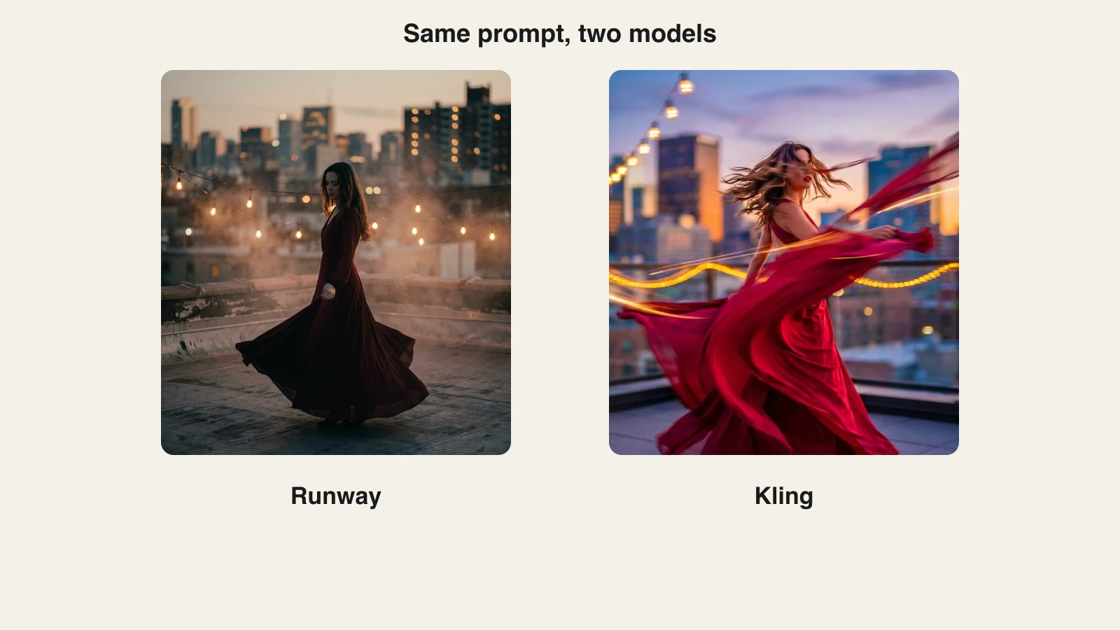 Runway vs Kling: one rooftop dancer prompt as a filmic Runway frame and a high-energy Kling frame