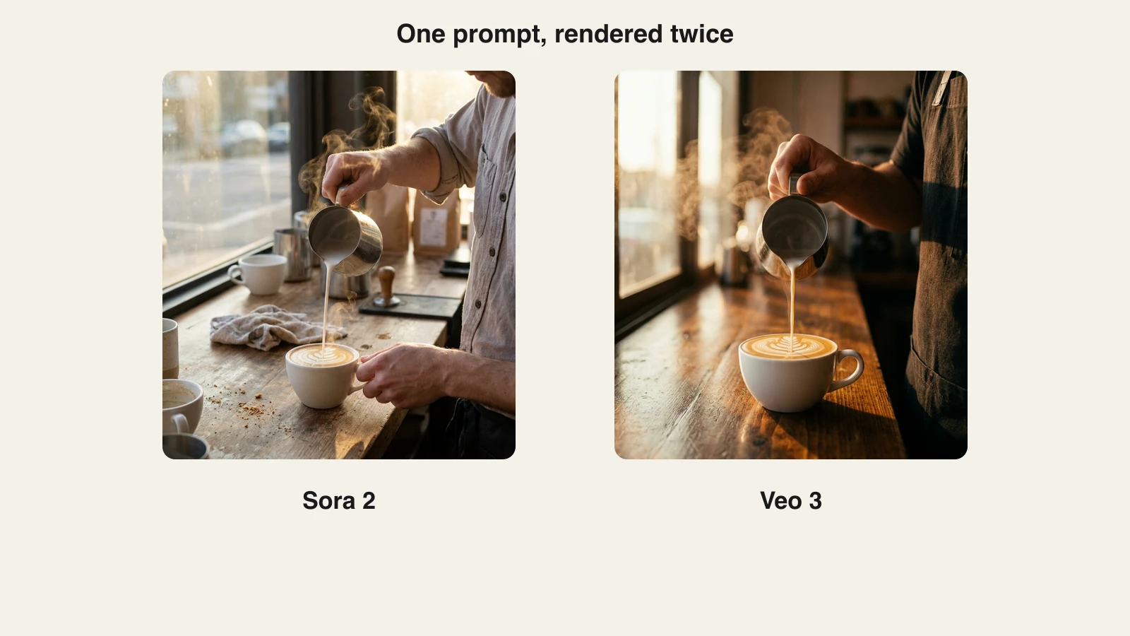Sora vs Veo latte art test: the same barista prompt rendered by Sora 2 and Veo 3 side by side