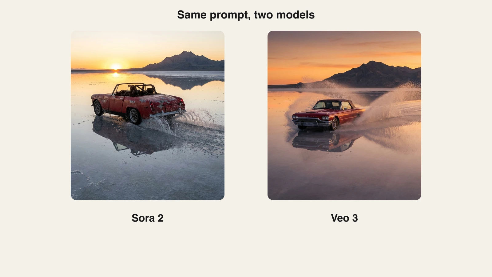 Sora vs Veo: one salt flat convertible prompt rendered by Sora 2 and by Veo 3, side by side