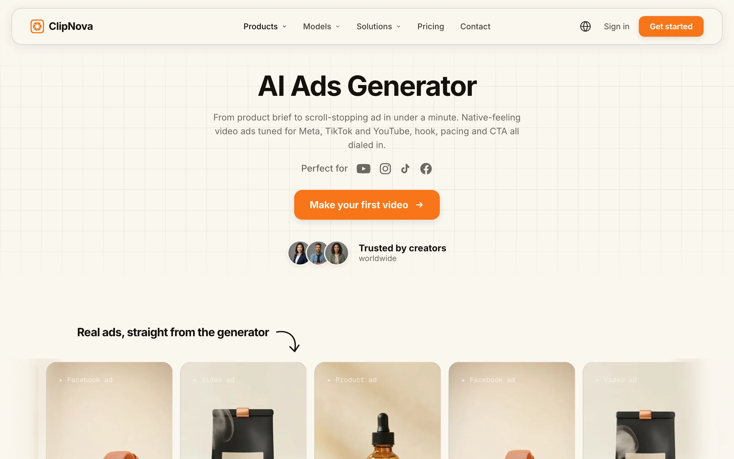 TikTok Shop UGC AI tool ClipNova, its AI Ads Generator page for TikTok, Meta and YouTube video ads