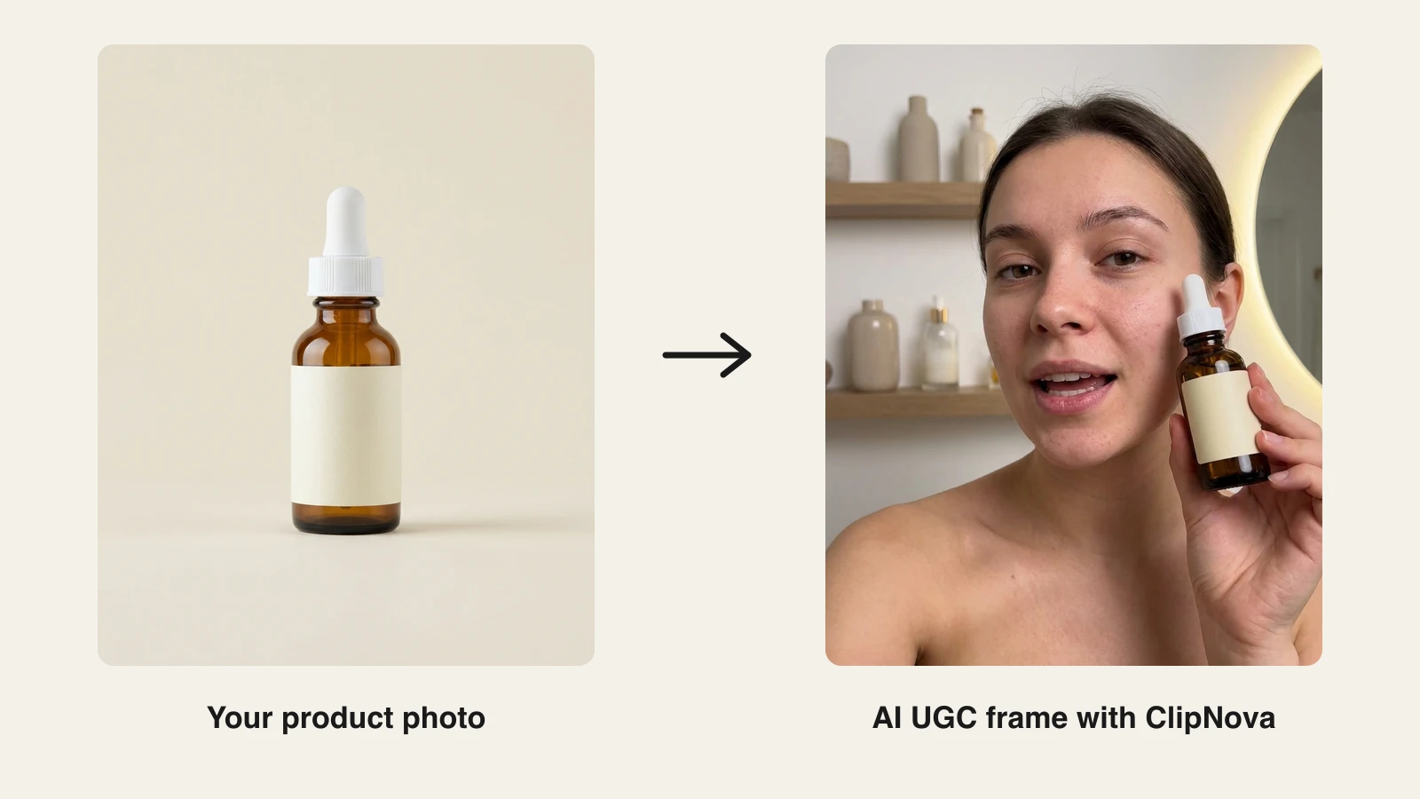 AI UGC for TikTok Shop in ClipNova: a plain amber serum product photo next to an AI creator holding the bottle to camera