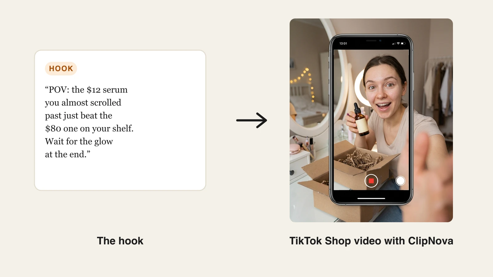 TikTok Shop UGC AI: a serum hook script next to an AI creator unboxing the bottle on a phone screen, made in ClipNova
