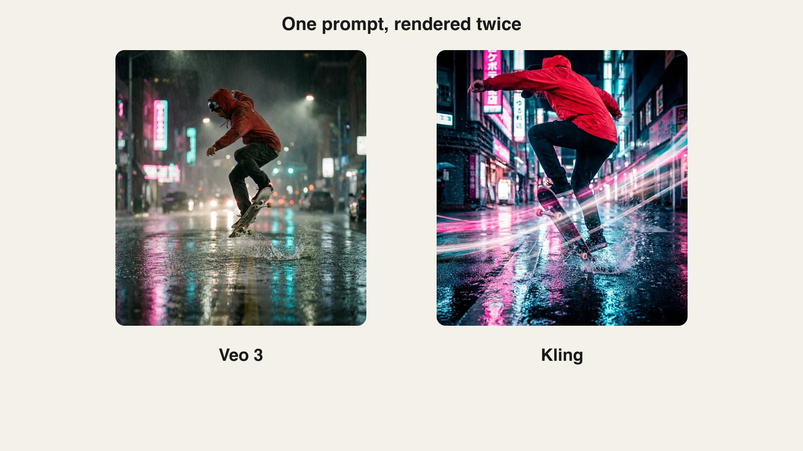 Veo 3 vs Kling side by side: a red-jacket skateboarder jumping a flooded neon street, rendered by each model