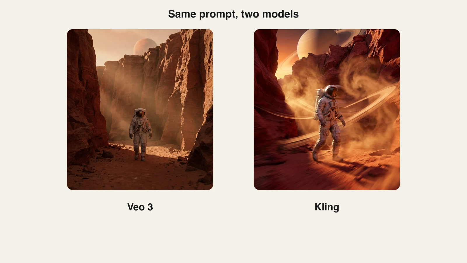 Veo 3 vs Kling: one astronaut-in-a-red-canyon prompt rendered as a calm Veo 3 shot and a dusty, high-energy Kling shot