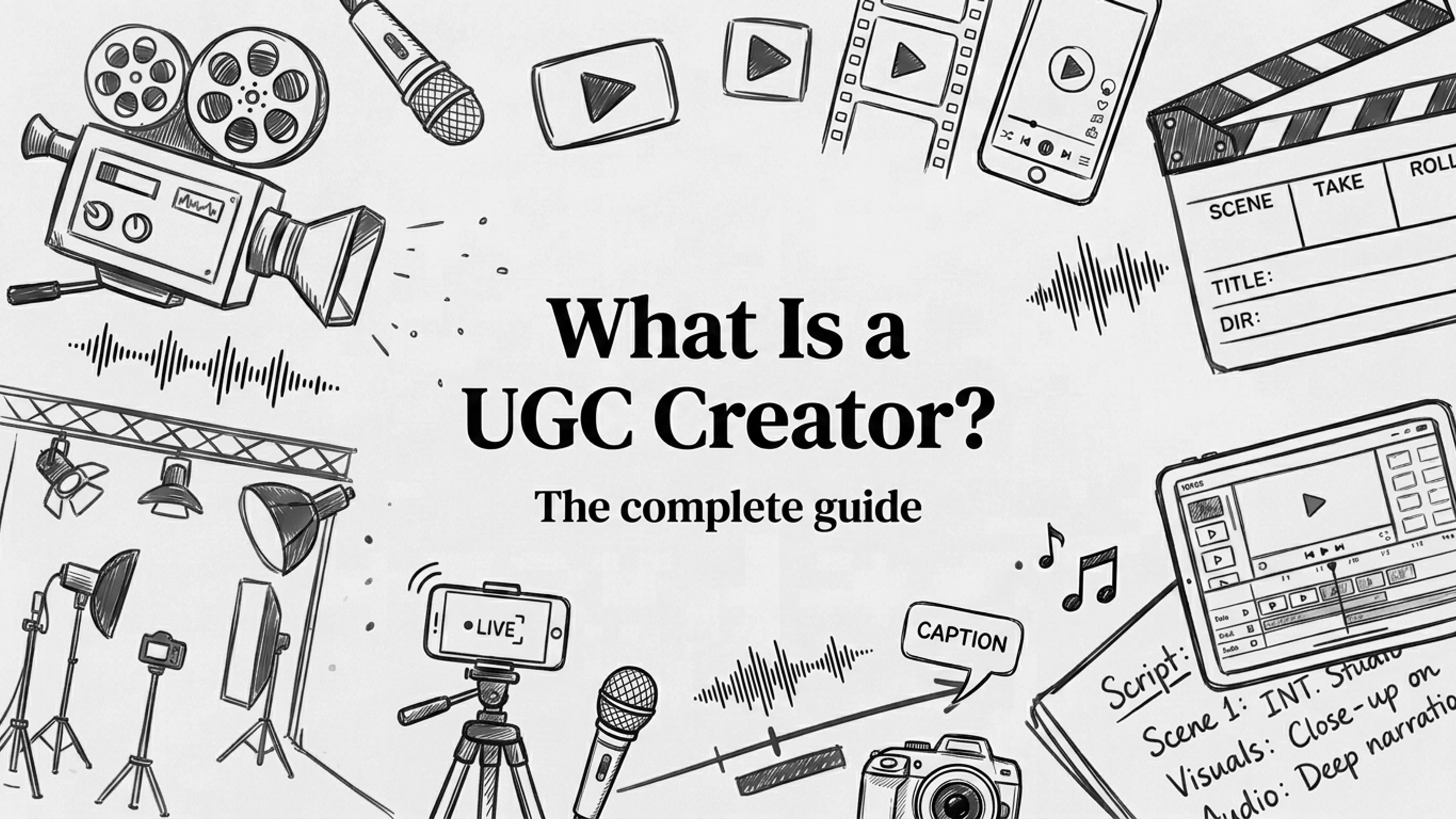 What is a UGC creator: a pencil sketch of a phone on a tripod, a microphone, a clapperboard and caption bubbles