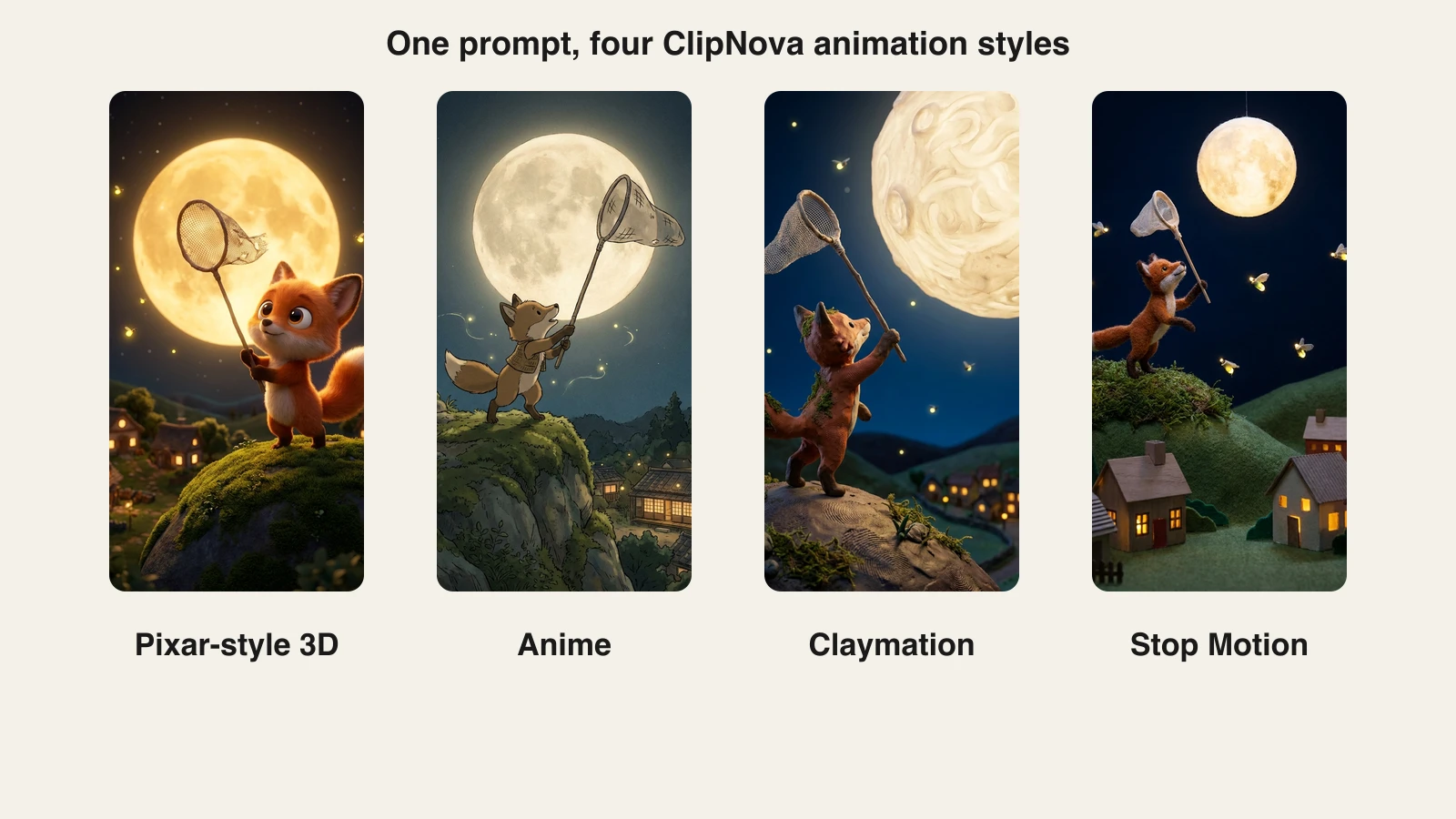 Which AI is best for animated video, in ClipNova: one fox cub prompt in Pixar-style 3D, anime, claymation and stop motion