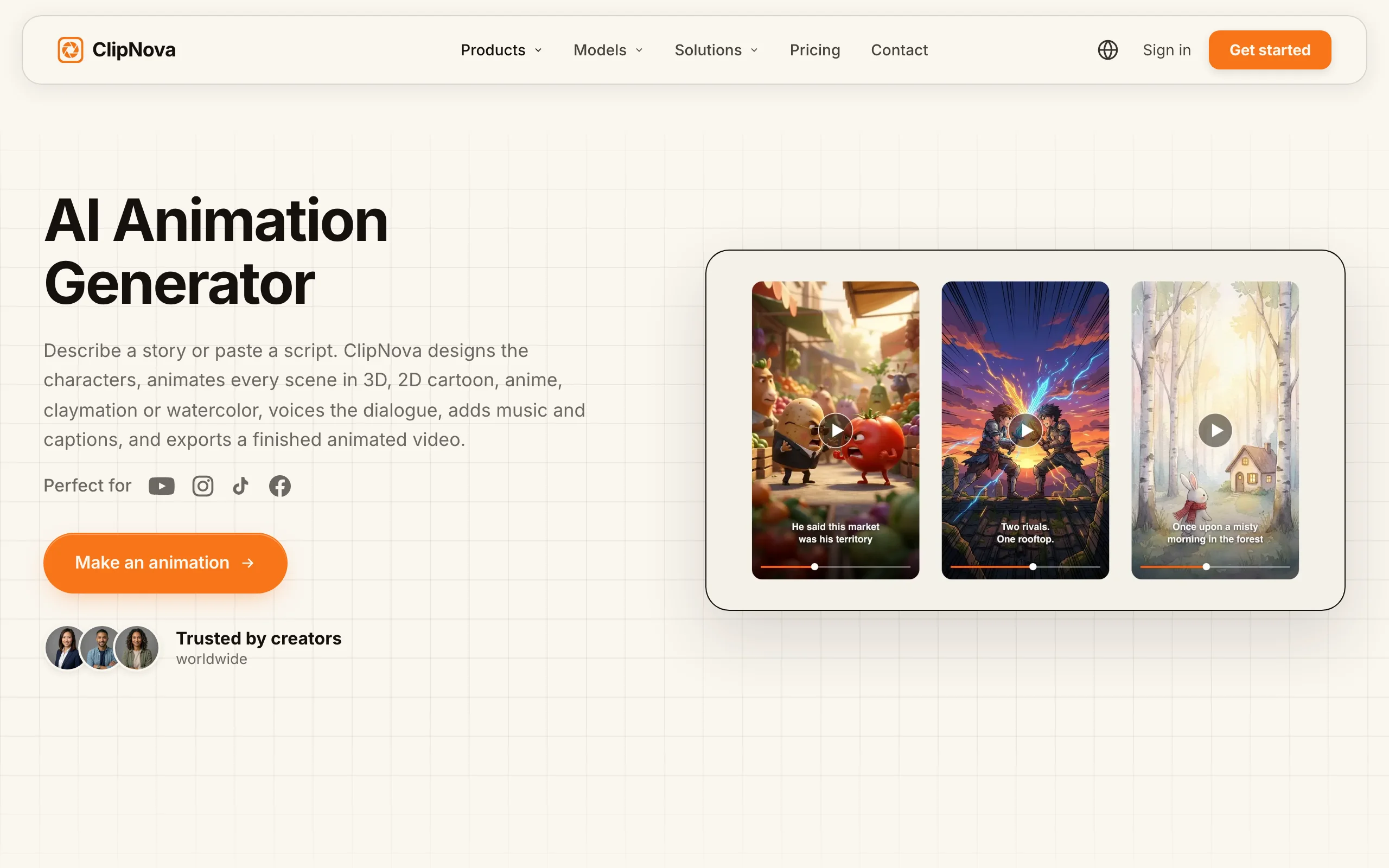 Best AI for animation ClipNova, its AI Animation Generator page with 3D, anime and storybook examples