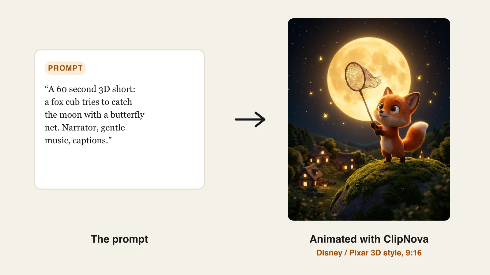 Which AI is best for animated videos: a fox cub chasing the moon prompt next to the Pixar-style 3D frame ClipNova made