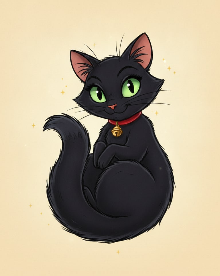 AI-generated Disney-style 2D black cat character with green eyes