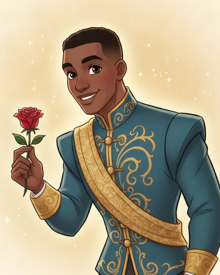 AI-generated Disney-style 2D prince character in a teal ceremonial jacket