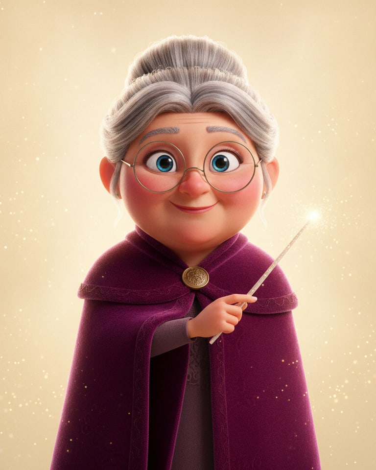 AI-generated Disney-style 3D fairy godmother character with a sparkling wand