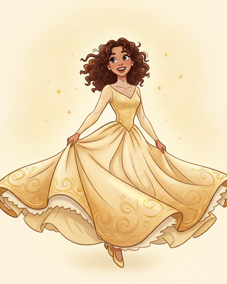 AI-generated Disney-style 2D princess character in a golden ballgown
