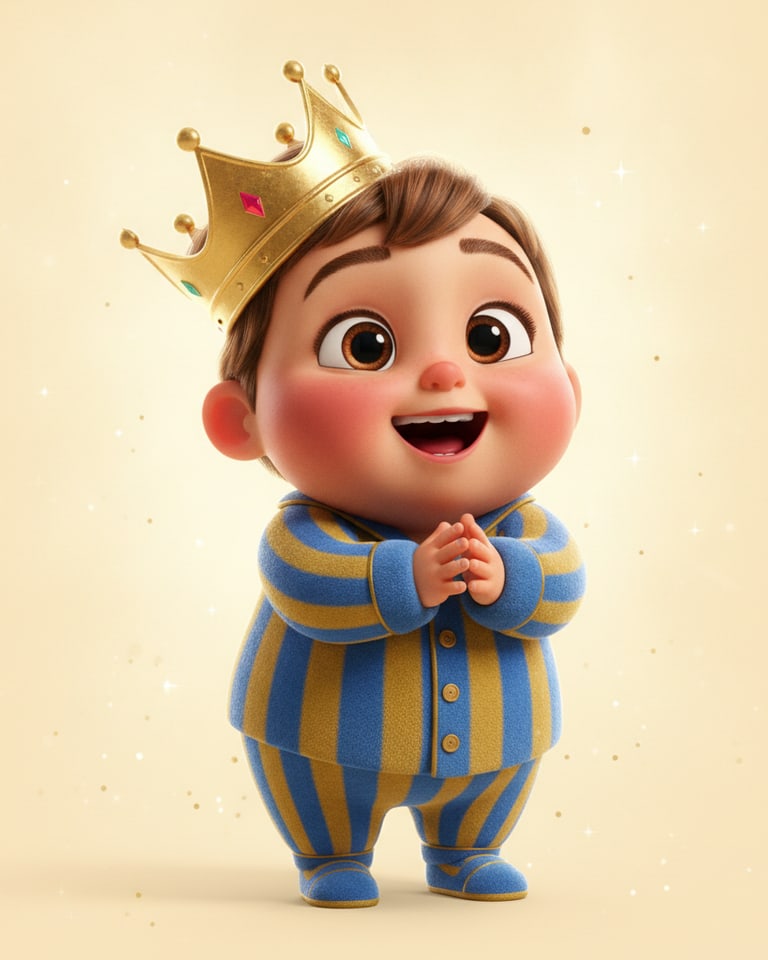 AI-generated Disney-style 3D toddler prince character wearing a golden crown