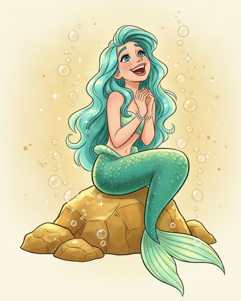 AI-generated Disney-style 2D mermaid character with a turquoise tail