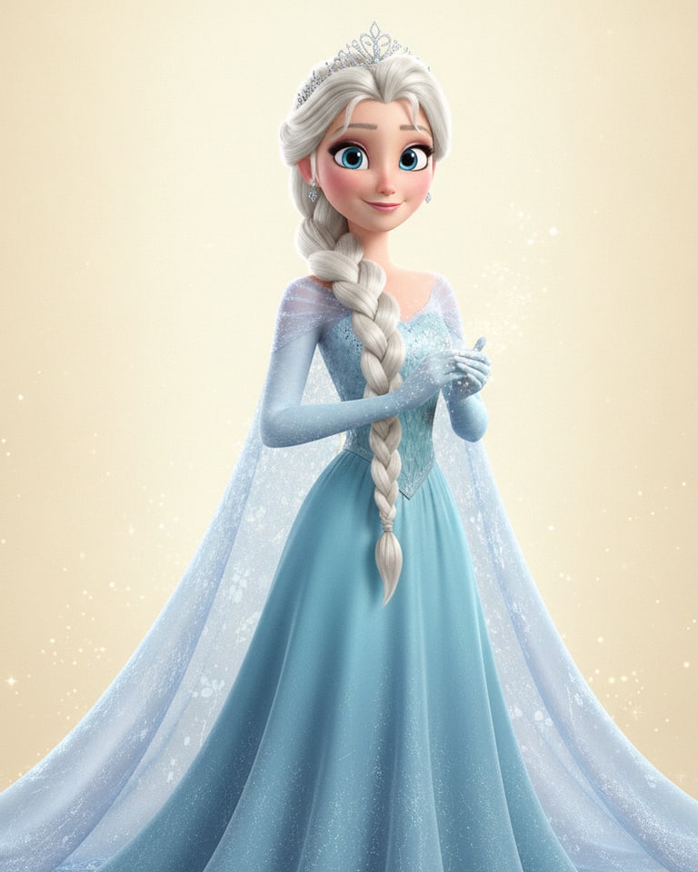 AI-generated Disney-style 3D winter queen character with an ice-blue gown