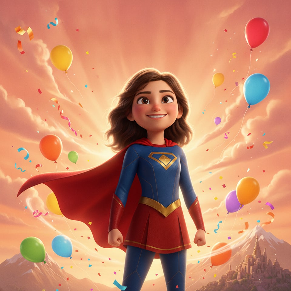 A young girl as the hero of an animated movie poster with balloons