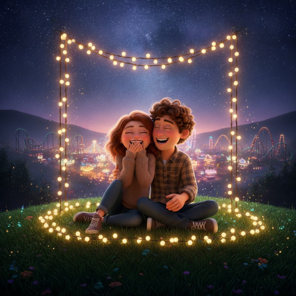 A couple rendered as animated characters under a starry night sky