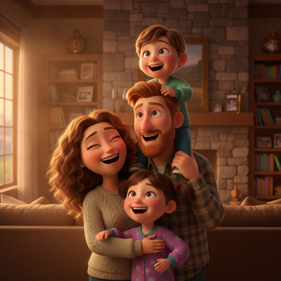 A family of four rendered as 3D animated movie characters