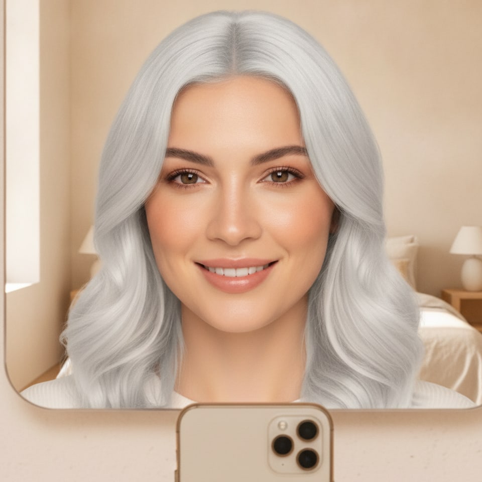 Woman with new platinum hair taking a happy mirror selfie