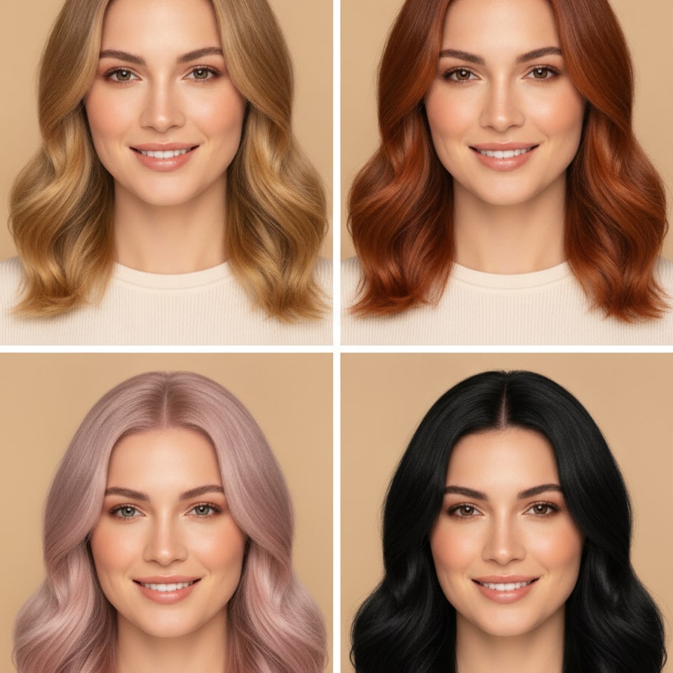 Four panels showing the same woman with four different hair colors