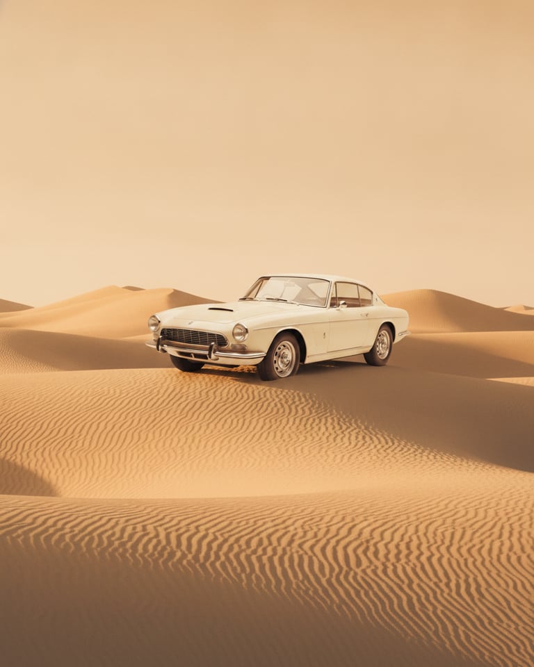 AI-combined shot: the car parked on the dunes at golden hour