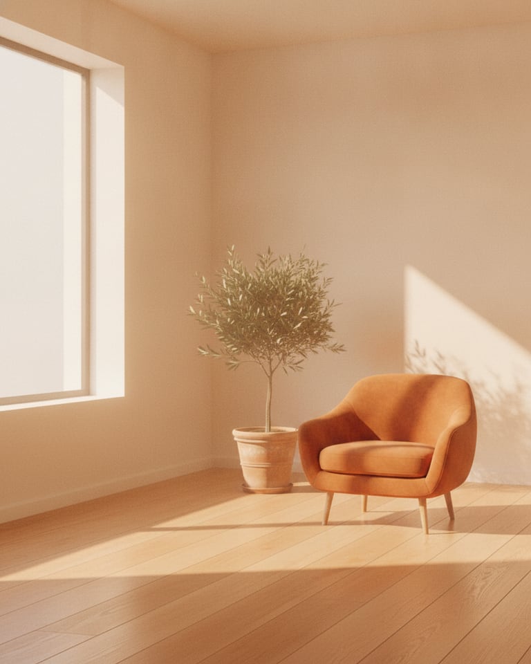 AI-combined shot: the armchair staged in the sunlit living room