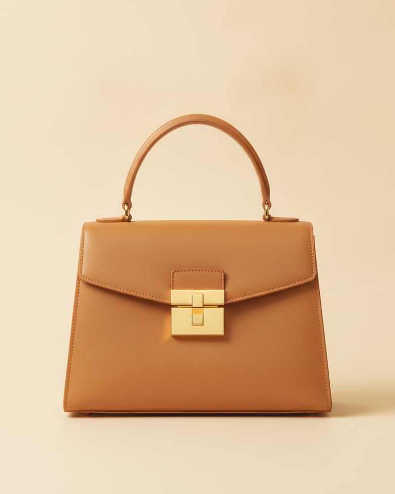 AI-generated product shot of a tan leather handbag