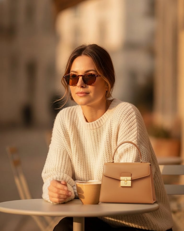 AI-combined shot: the woman wearing the sunglasses with the handbag on the table